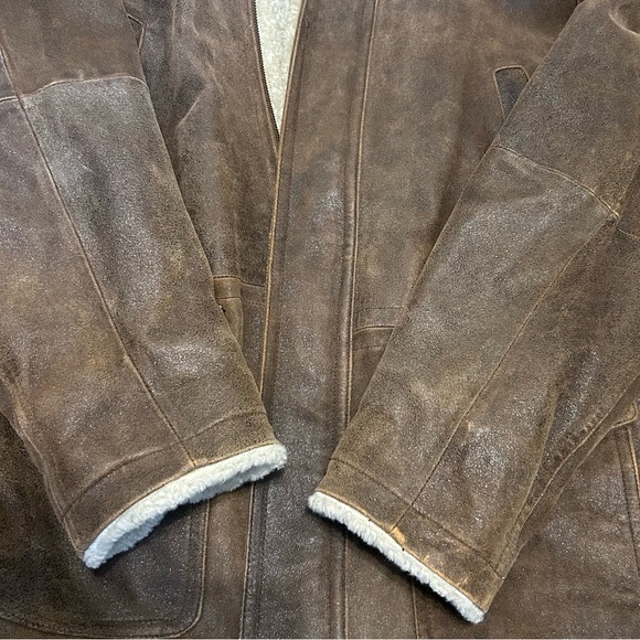 Wilsons Pelle Studio Brown Leather Sherpa Fur Lined Mid Length Heavy Winter Coat - Picture 11 of 17